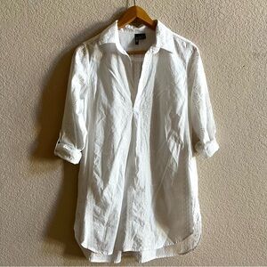 ANU White Embroidered Tunic Top Womens Small Oversized Roll Tab Sleeve Cotton